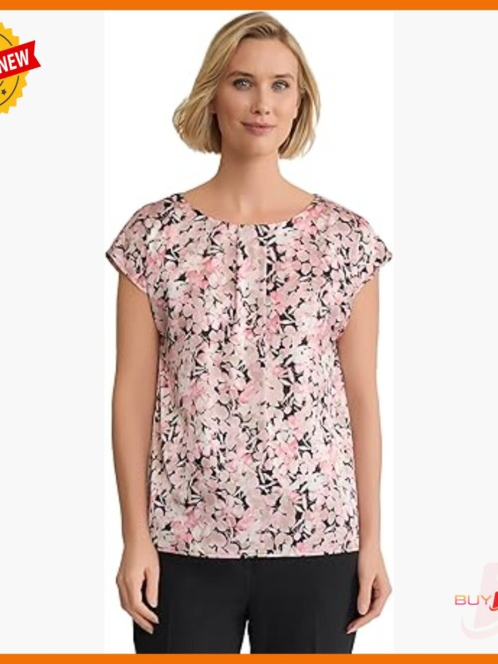 Cap Sleeve Pleat Neck Jersey Top, Regular Fit, Floral Print, Workwear